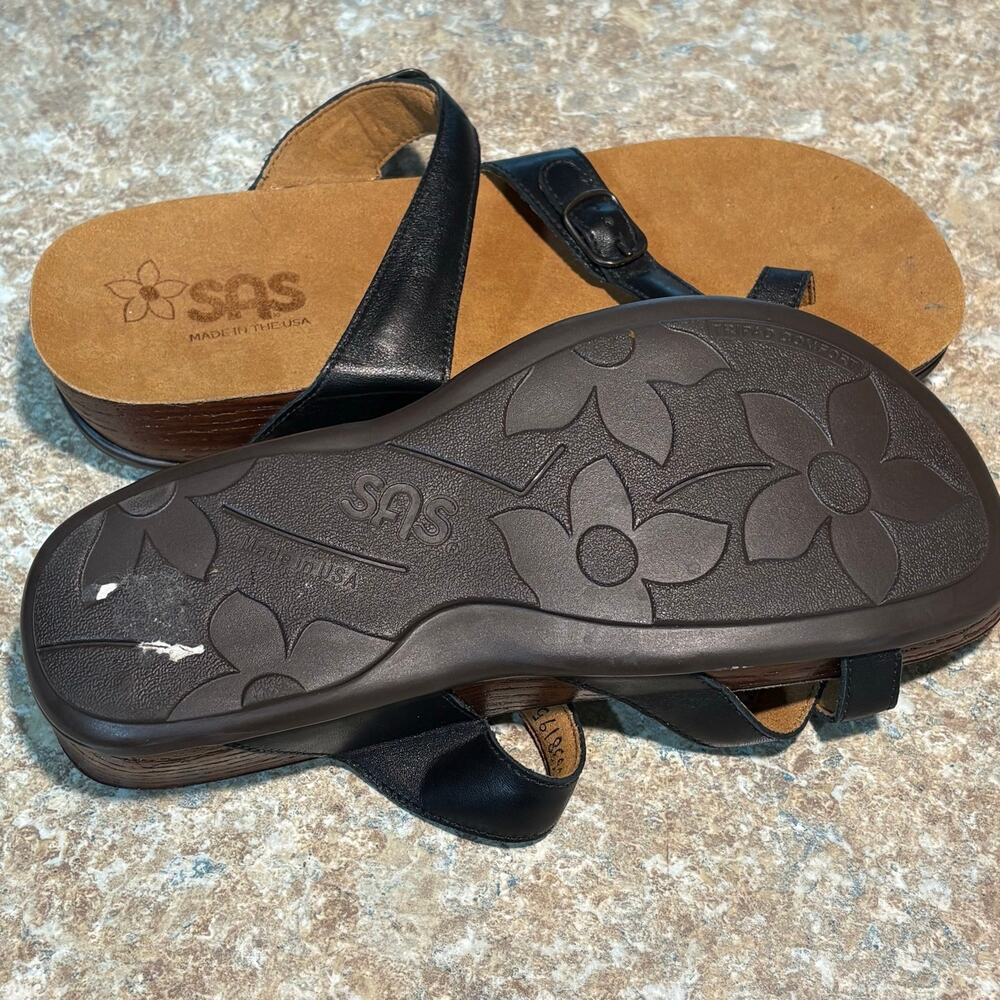 SAS Shelly Brown & Black Toe Loop Leather Sandal Slides Shoes Size 8 Wide - Picture 7 of 11